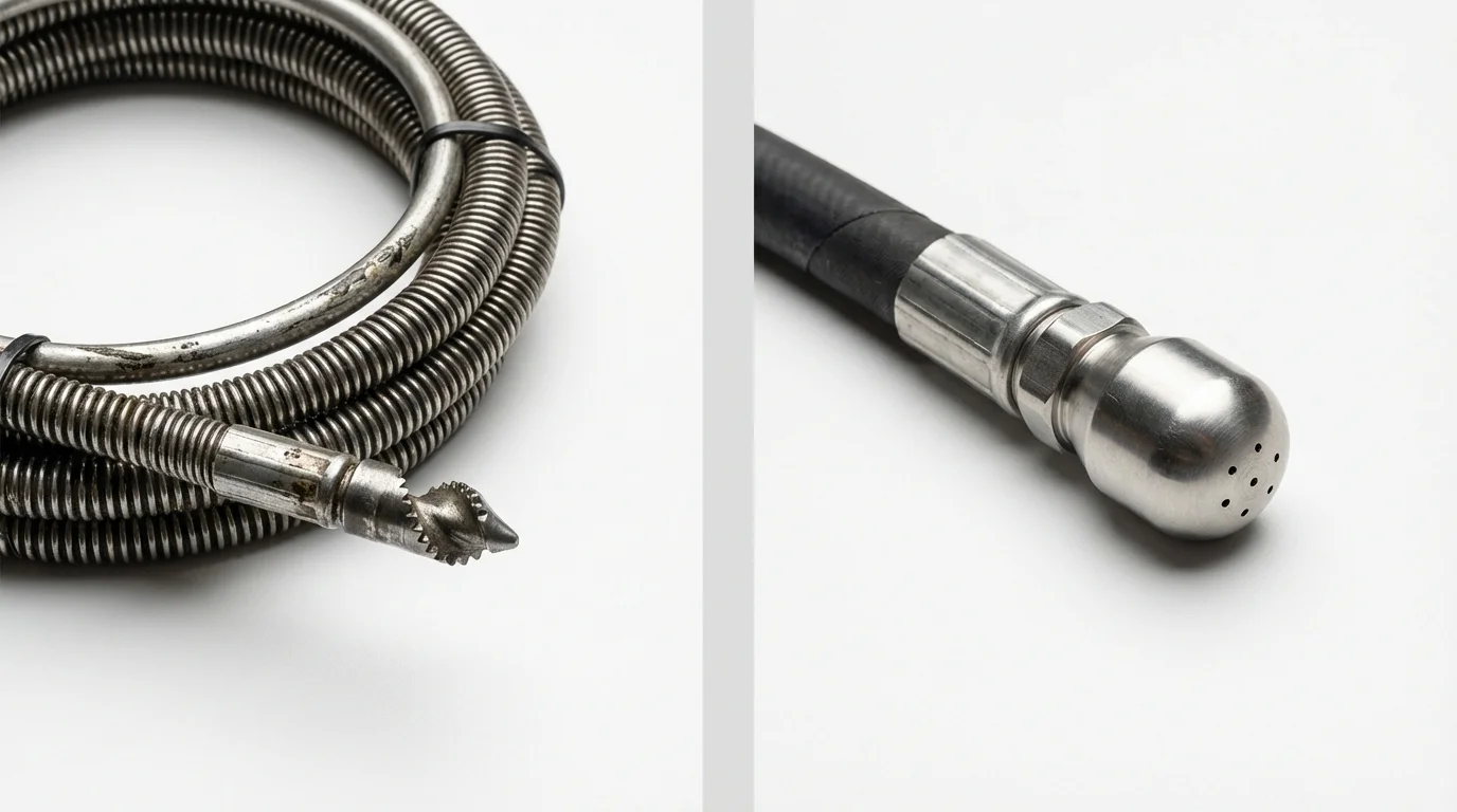 Drain snake cable and hydro jetting nozzle used for drain cleaning in Little Falls, NY