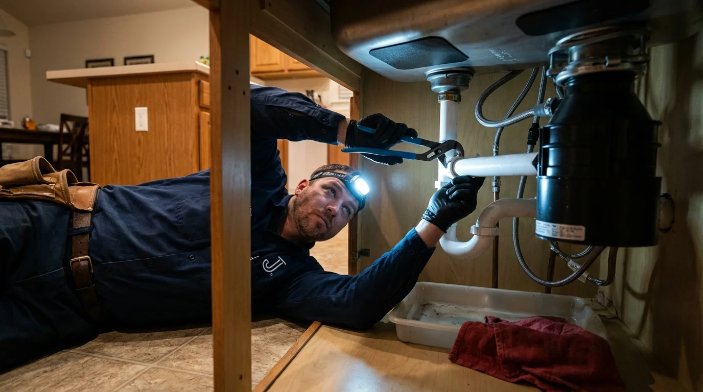 P-trap and supply line connections under a kitchen sink showing a common leak point in Little Falls, NY